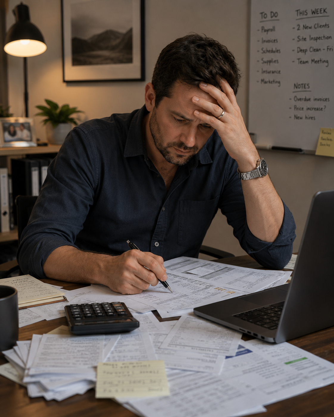 Stressed cleaning business owner